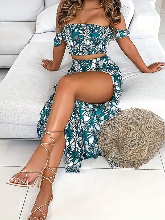 Vacation Plant Print 2pc Set Off Shoulder Tops & High Waist Skirts