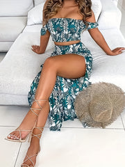 Vacation Plant Print 2pc Set Off Shoulder Tops & High Waist Skirts