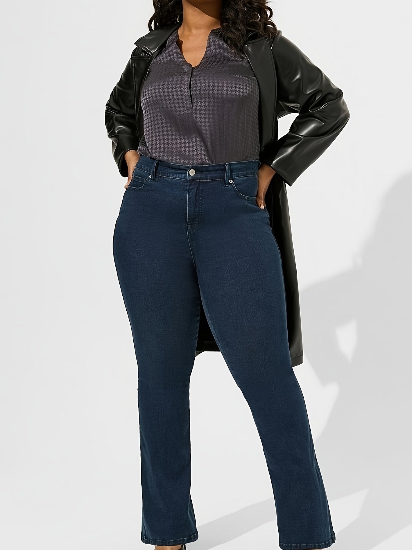  Women's Houndstooth Print Roll Up Long Sleeve Blouse