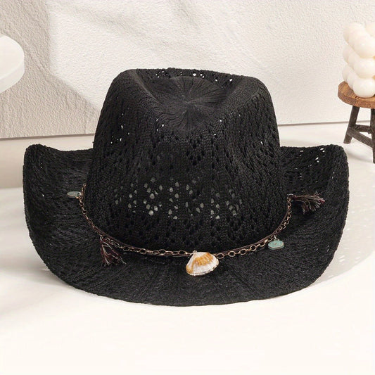 Vintage Western Cowboy Hat Boho Belt Decor Jazz Straw Hat Gradient