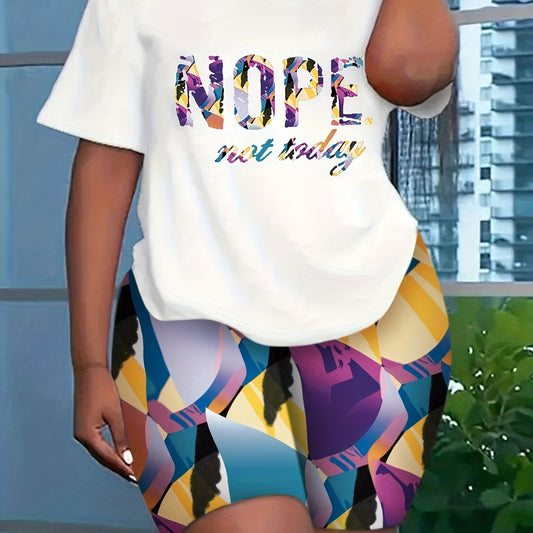 Women's Plus Contrast Letter Tee & Printed Skinny Shorts Two Piece Set