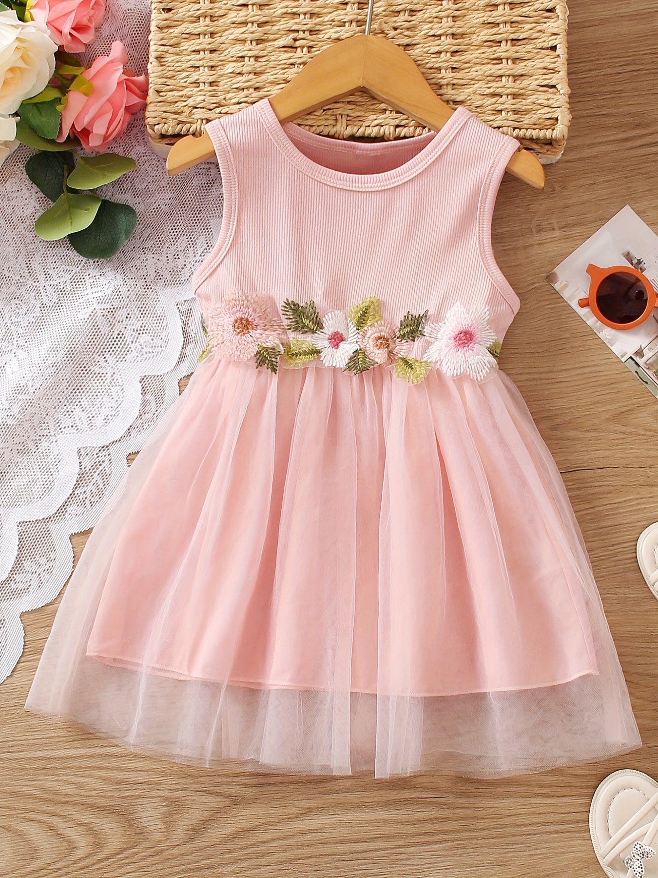 Girls Flower Decor Sleeveless Mesh Princess Dress Summer Kids Clothes