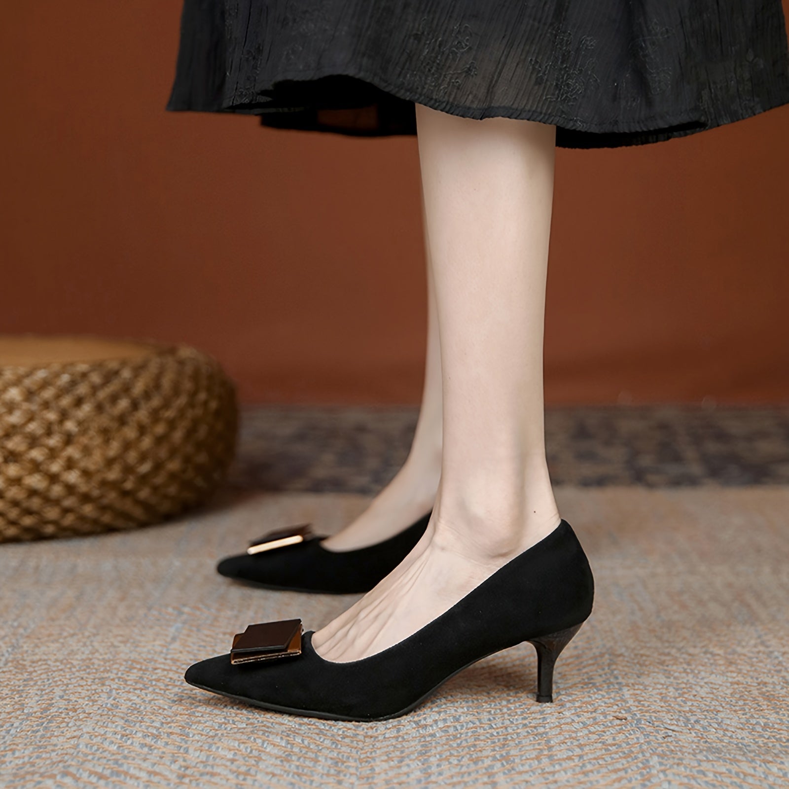 Women's Square Metal Decor Kitten Heels Slip-on Court Pumps