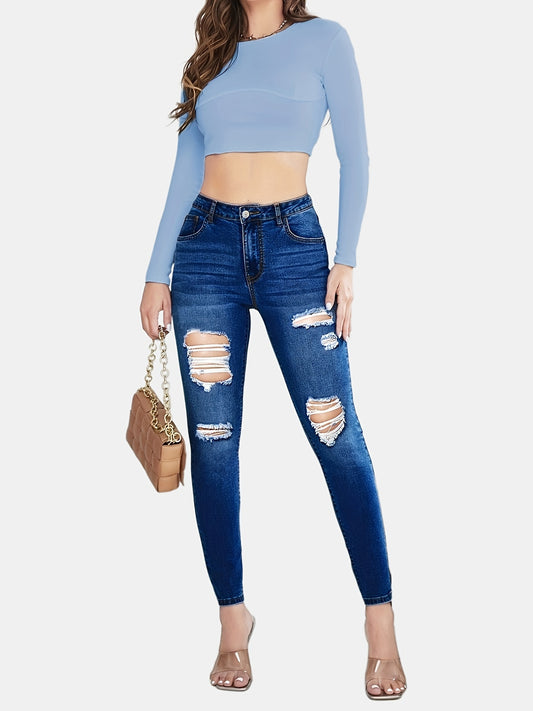 High Waist Skinny Jeans Slim Fit Distressed Denim Pants