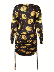  Pumpkin Print Long Sleeve Casual Dress