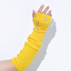 Yellow Knit Fingerless Gloves Y2K Pearl Flower Detail Warm Elastic