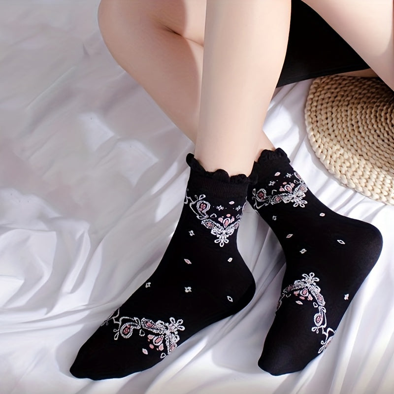 5 Pairs Floral Print Socks Comfy & Soft Crew Socks Women's Stockings