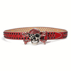Red Hip Hop Skull Rivet Belt Sparkling Rhinestone PU Leather Belt