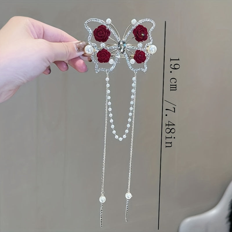 Vintage Butterfly Hair Pin Rhinestone Tassel Bun Holder