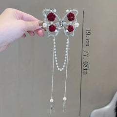Vintage Butterfly Hair Pin Rhinestone Tassel Bun Holder