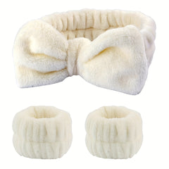 3pcs Plush Hairband Wristband Set for Face Spa, Make Up, Hair