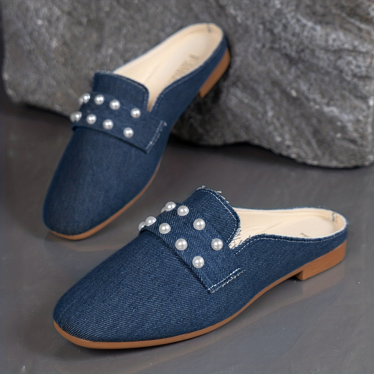 Women's Denim Flat Mules with Faux Pearl Decor