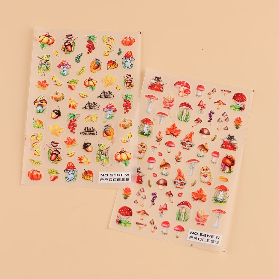 Fall Maple Leaf Nail Stickers Water Transfer 3D Squirrel Pumpkin Nail Decals