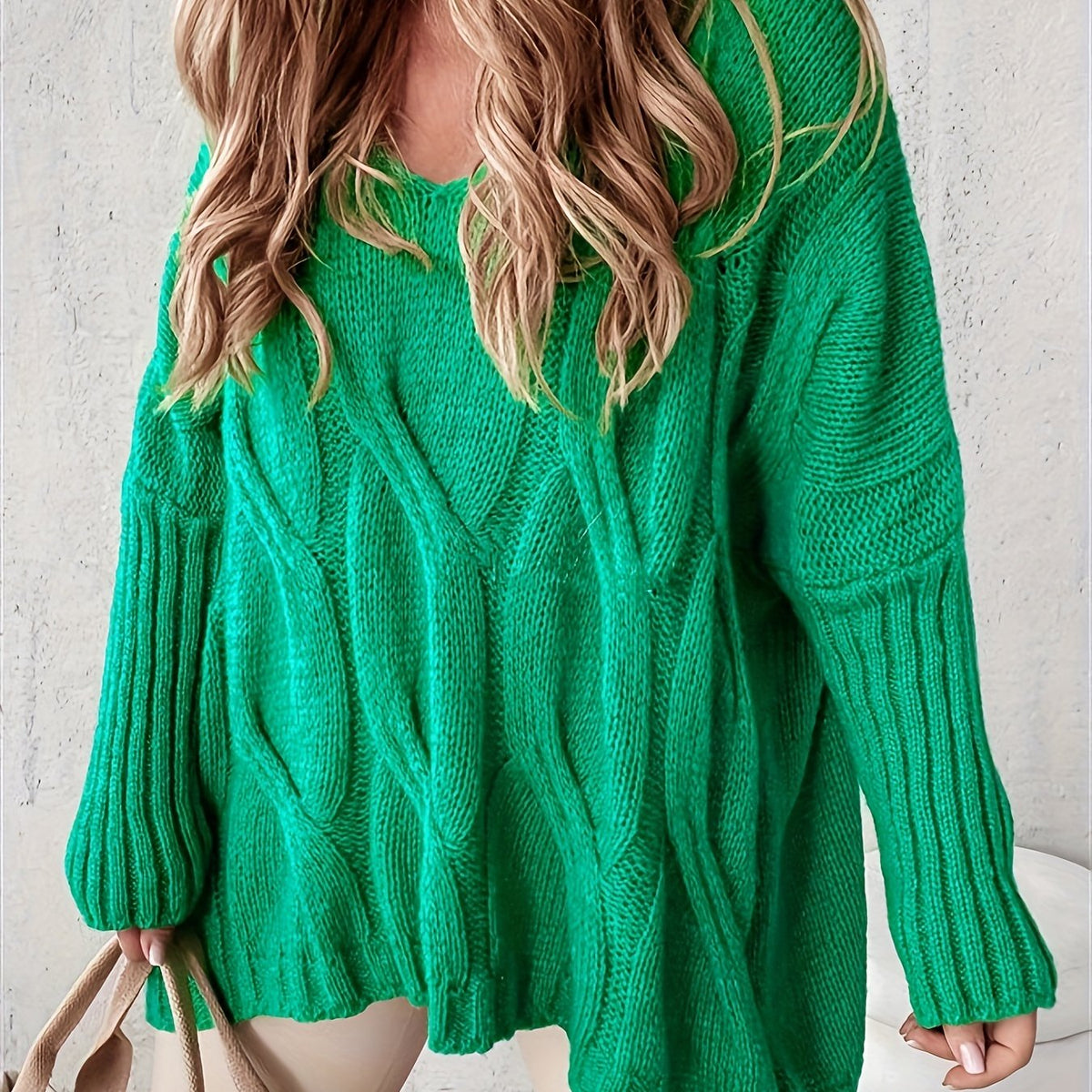  Casual Sweater Women's Solid Cable Knit V Neck Jumper