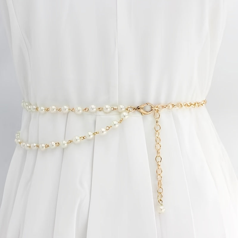 Vintage Faux Pearl Waist Chain Thin Belt