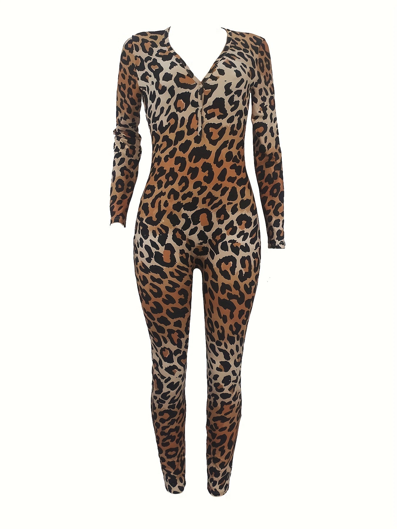 Leopard Lounge Jumpsuit Long Sleeve V Neck Buttons Jumpsuit