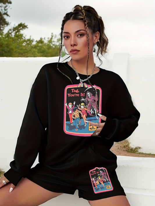  Halloween 2pcs Set Women's Plus Graphic Print Sweatshirt & Shorts