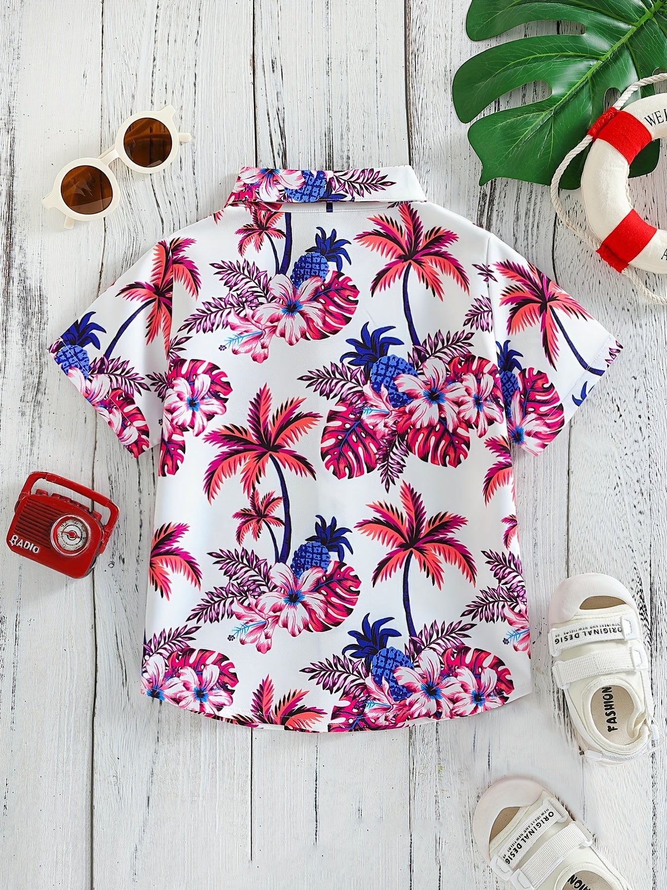 Boys Flowers & Leaves Print Short Sleeves Hawaiian Shirt for Beach Vacation