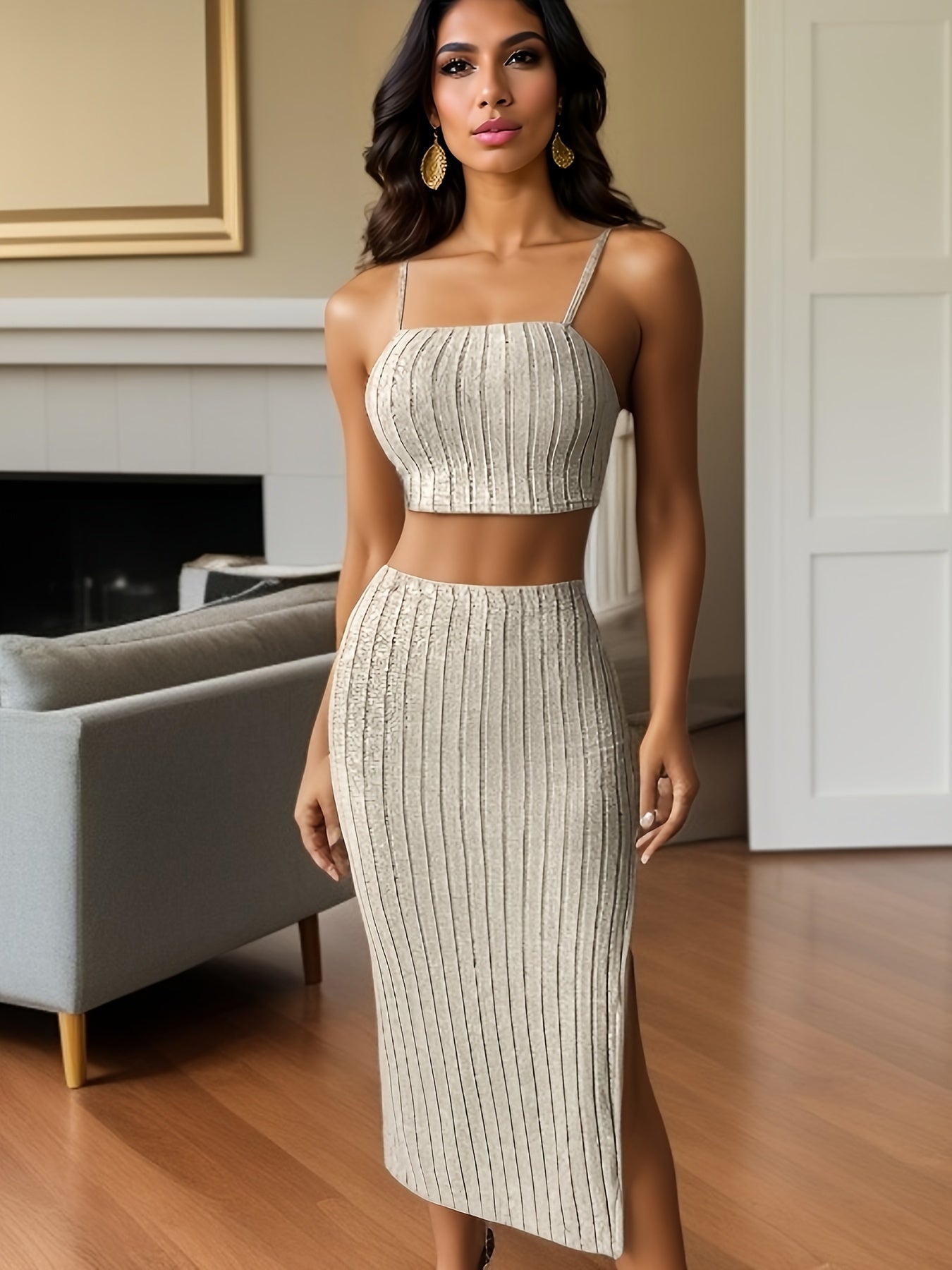 Ribbed Two piece Set Crop Top & Split Skirt Outfits Women's Clothing