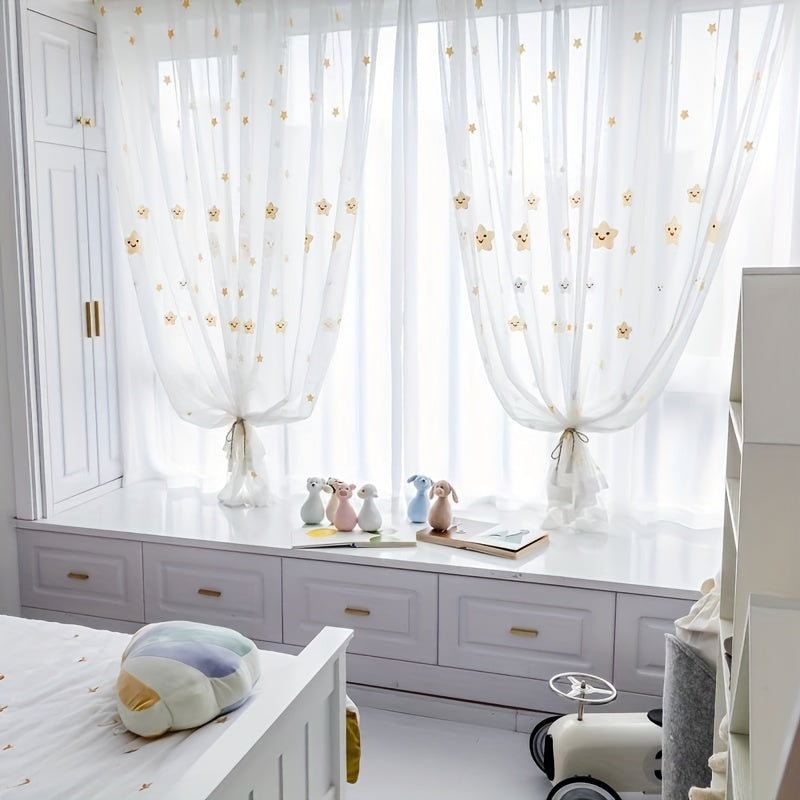 2 Panels Sheer Curtains Embroidery Rod Pocket Polyester Curtain