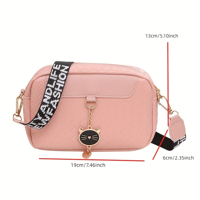 Braided Pattern Square Shoulder Bag Cat Pendant Decor Purse