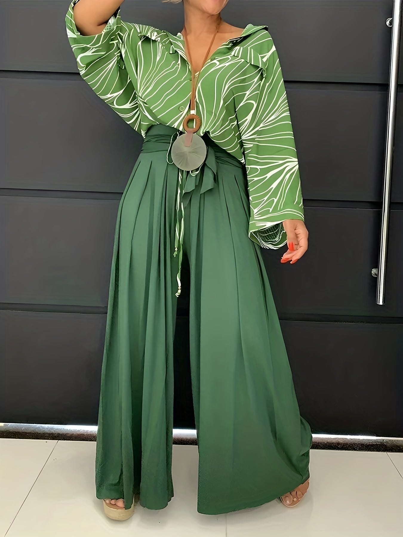  Solid Tie Front High Rise Wide Leg Trousers