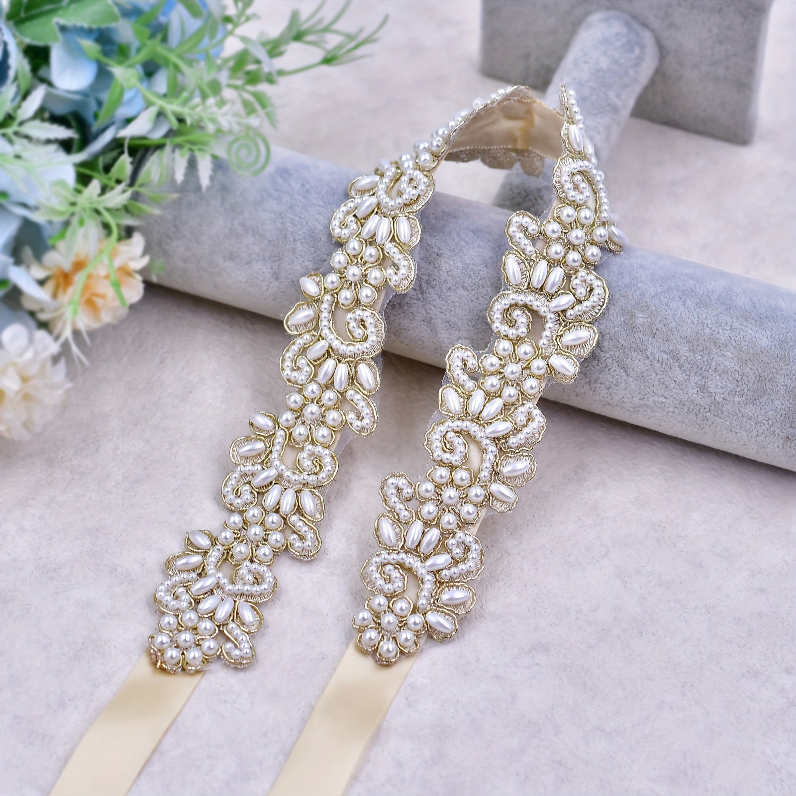 Floral Lace Bridal Belt with Golden Embellishments