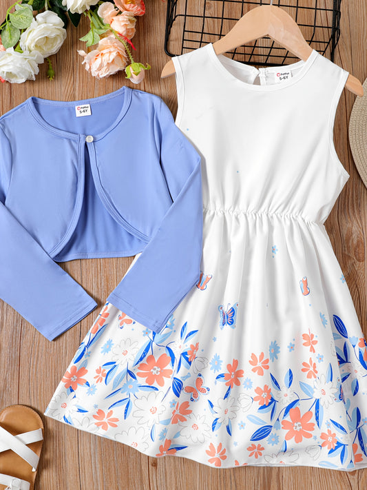 2pcs Girl Cardigan & Floral Tank Dress Set for Kids