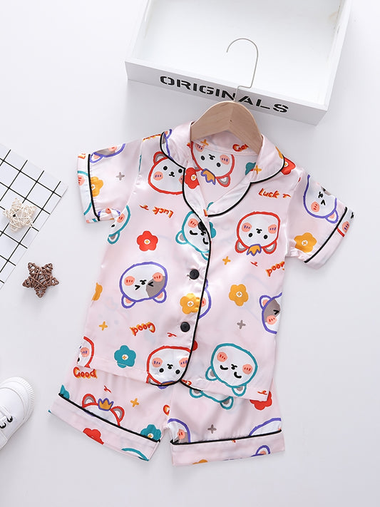 Girls Bear Graphic Pajama Set V neck Button Short Sleeve Top & Shorts