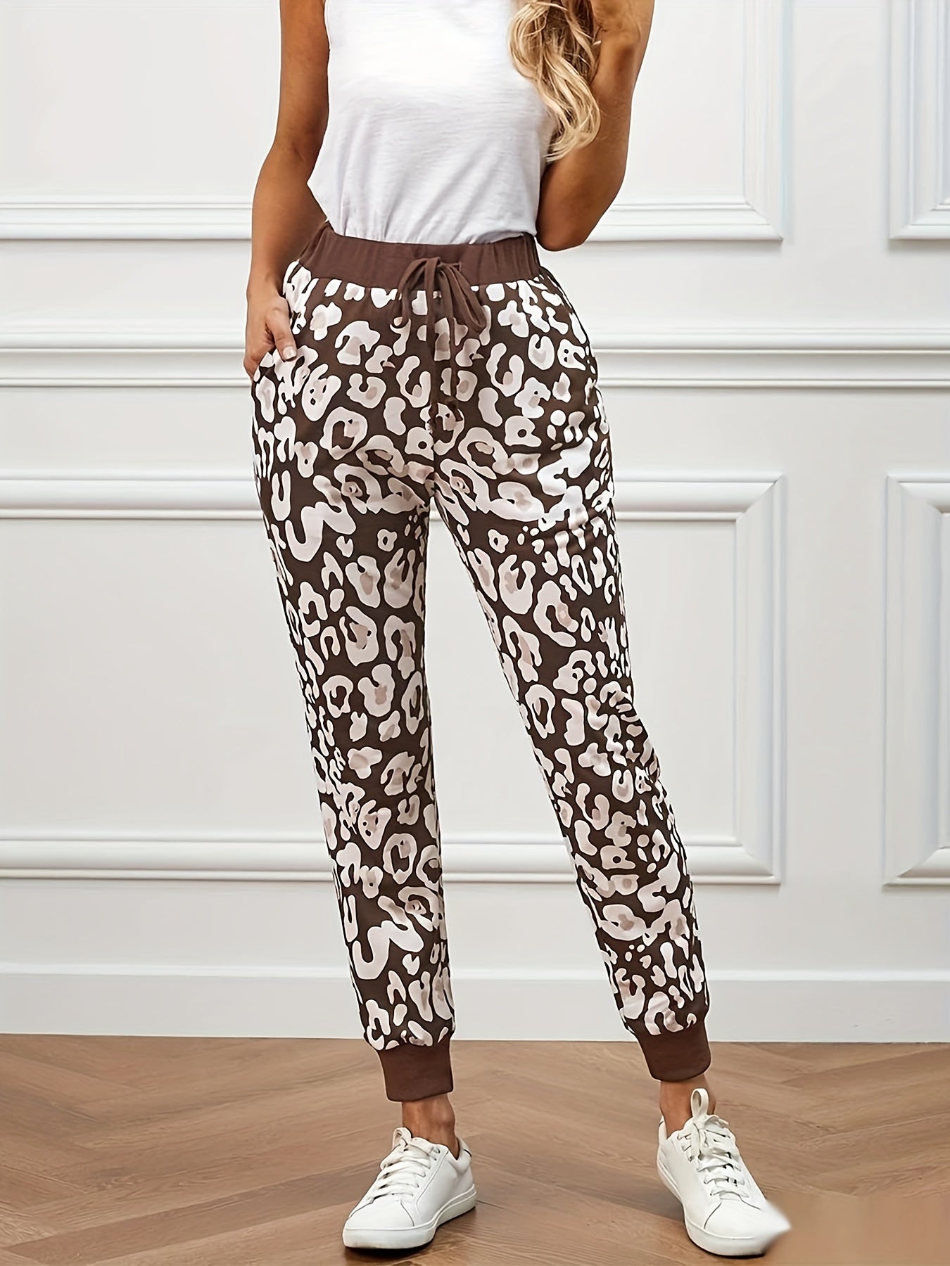  Leopard Print High Rise Jogger Pants with Pockets
