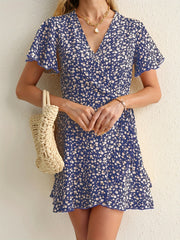Floral Print Wrap Dress Short Sleeve V Neck Vacation Dress