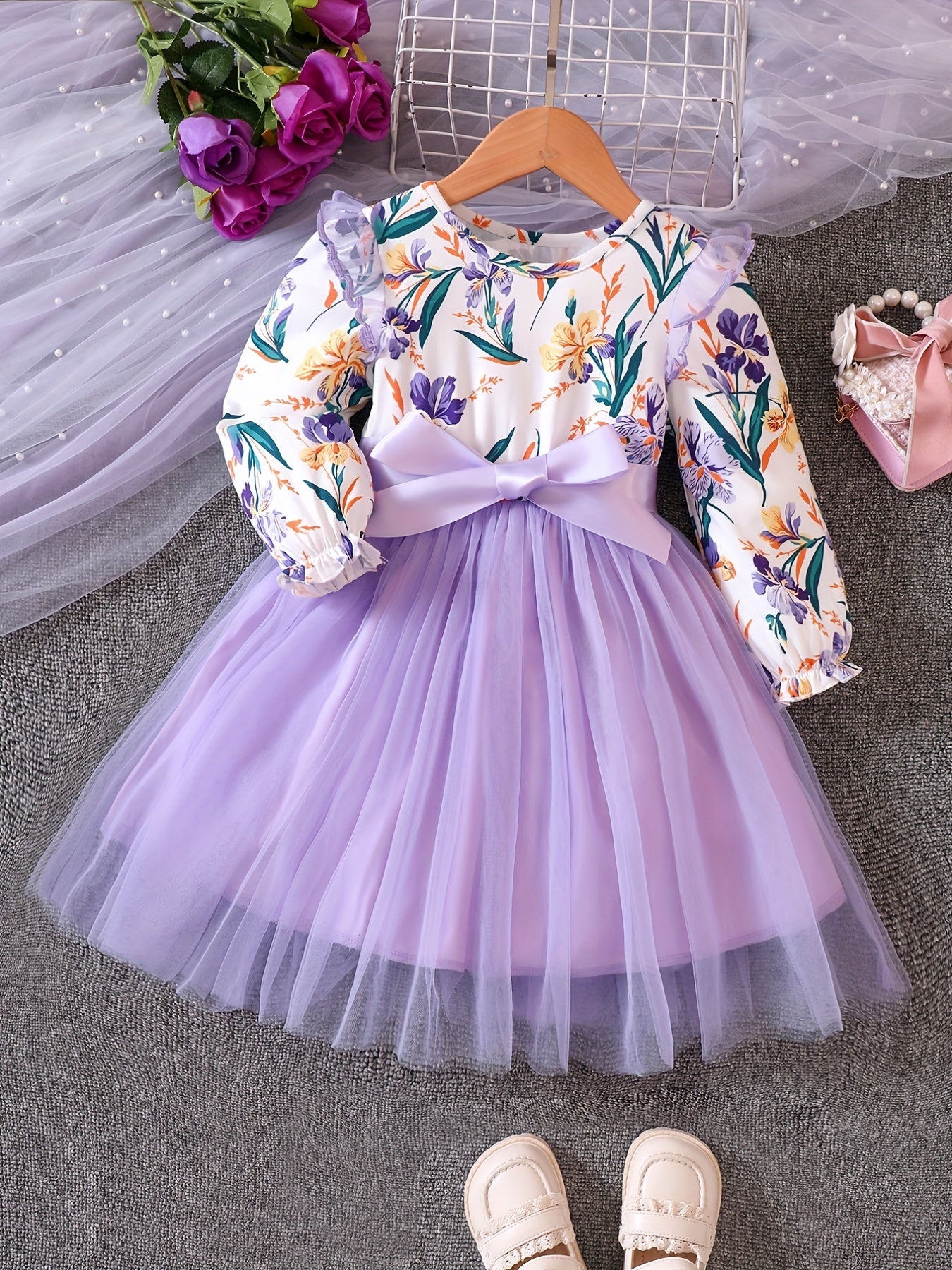 Toddler Girls Flowers Graphic Mesh Princess Dress with Belt