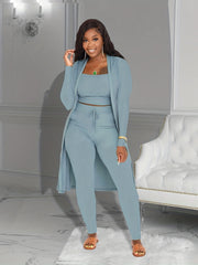 Ribbed 3pcs Set Crop Tank Top High Waist Pants Long Cardigan Outfits