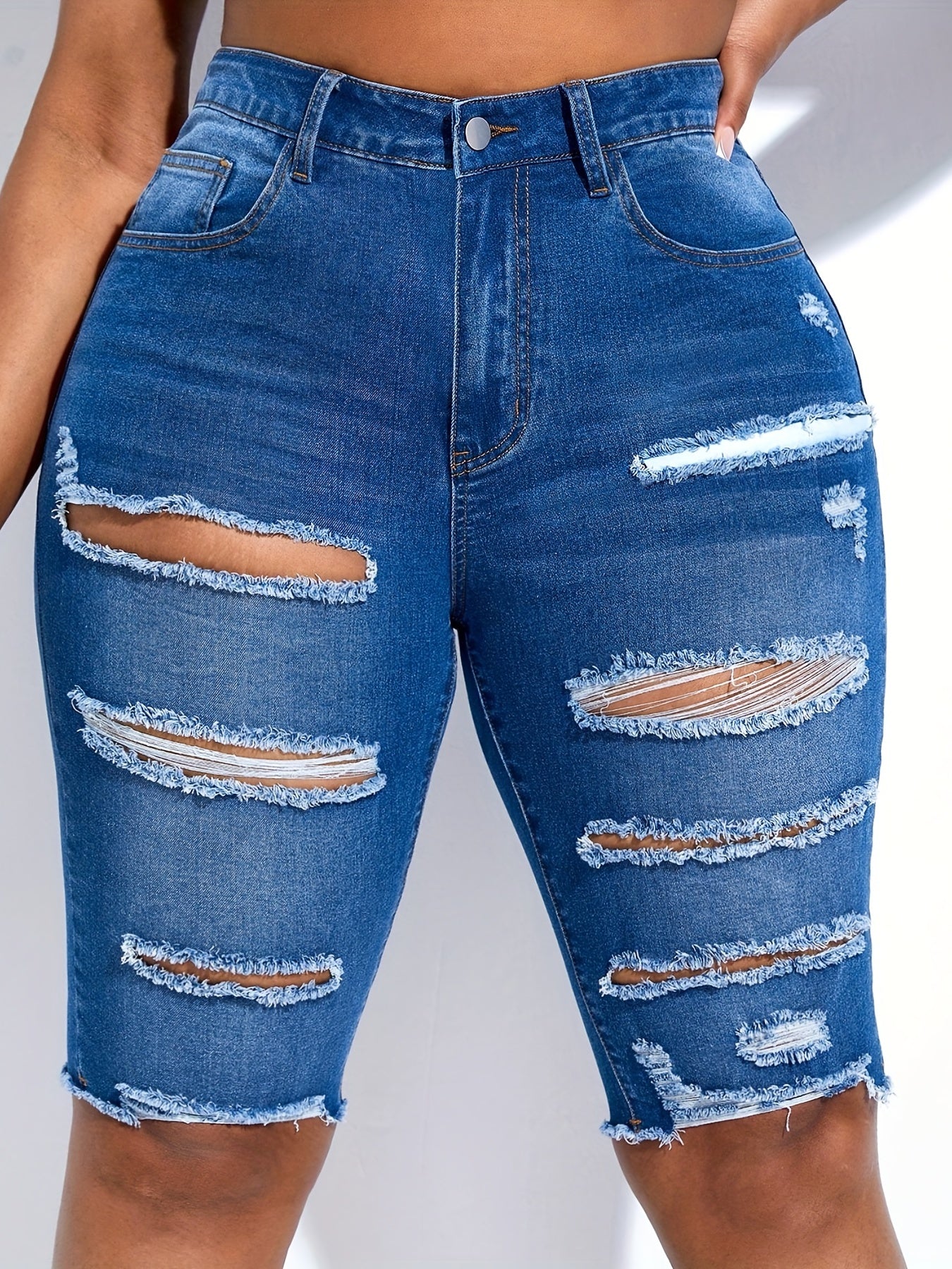  Solid Ripped Fringe Trim Skinny Denim Shorts