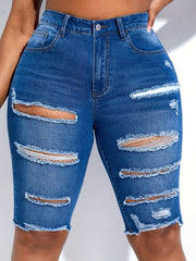  Solid Ripped Fringe Trim Skinny Denim Shorts