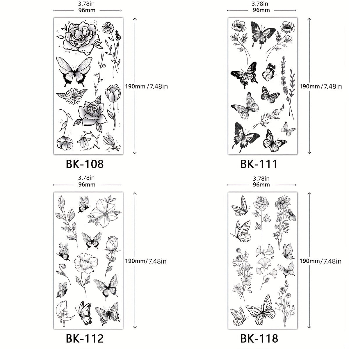 4 Piece Butterfly Flower Sketch Tattoo Stickers