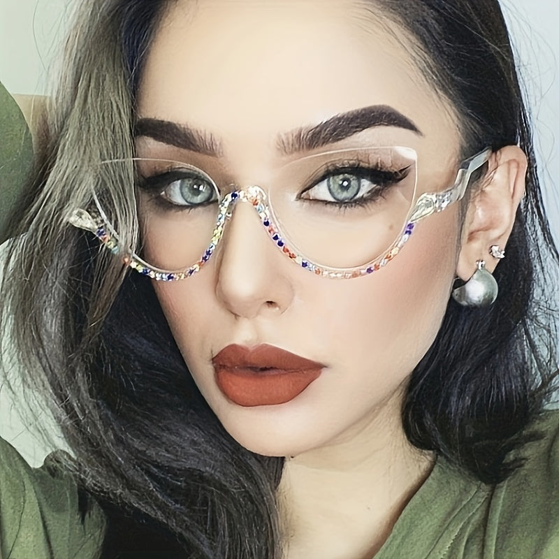 Semi Rimless Cat Eye Glasses Rhinestone Decor Clear Lens Stylish
