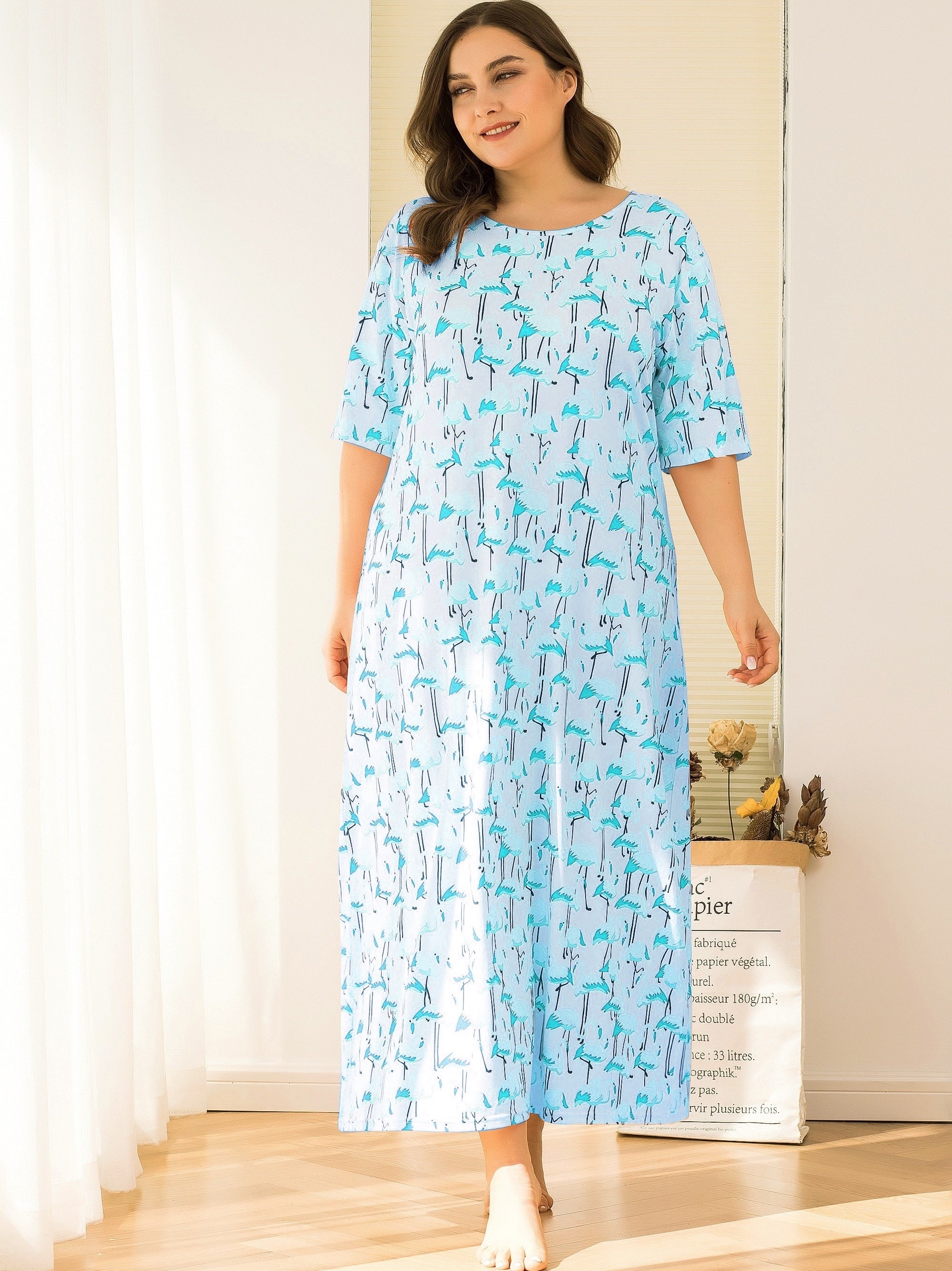 Plus Flamingo Print Short Sleeve Nightdress