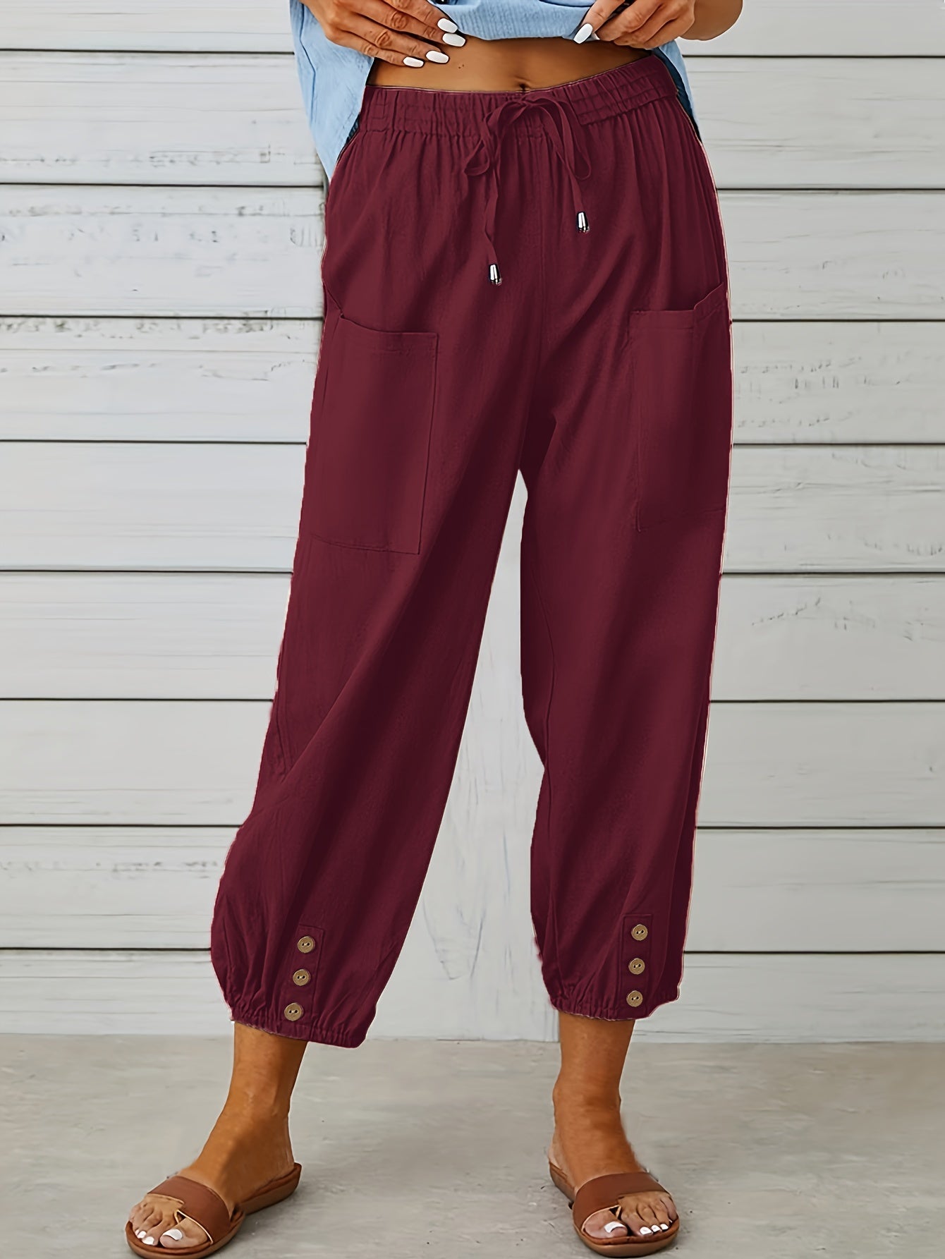  Solid Bow Knot Elastic Button Casual Pants
