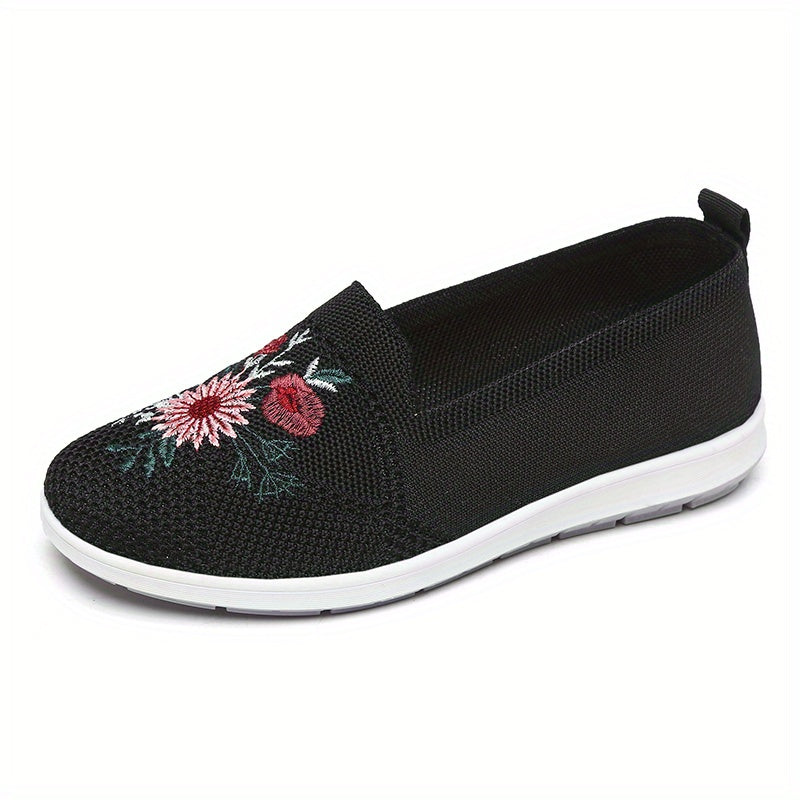 Women's Floral Embroidered Slip On Shoes Breathable Knitted Flats