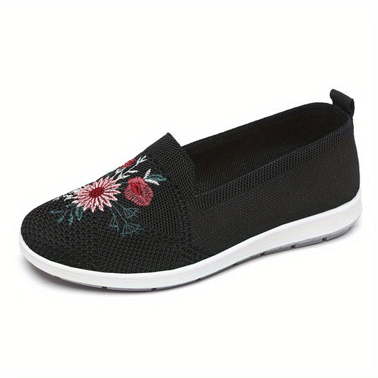 Women's Floral Embroidered Slip On Shoes Breathable Knitted Flats