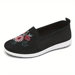 Women's Floral Embroidered Slip On Shoes Breathable Knitted Flats