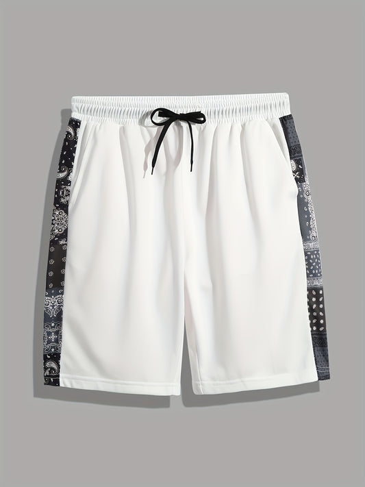 Men's Paisley Stripe Shorts Casual Solid Elastic Drawstring Shorts