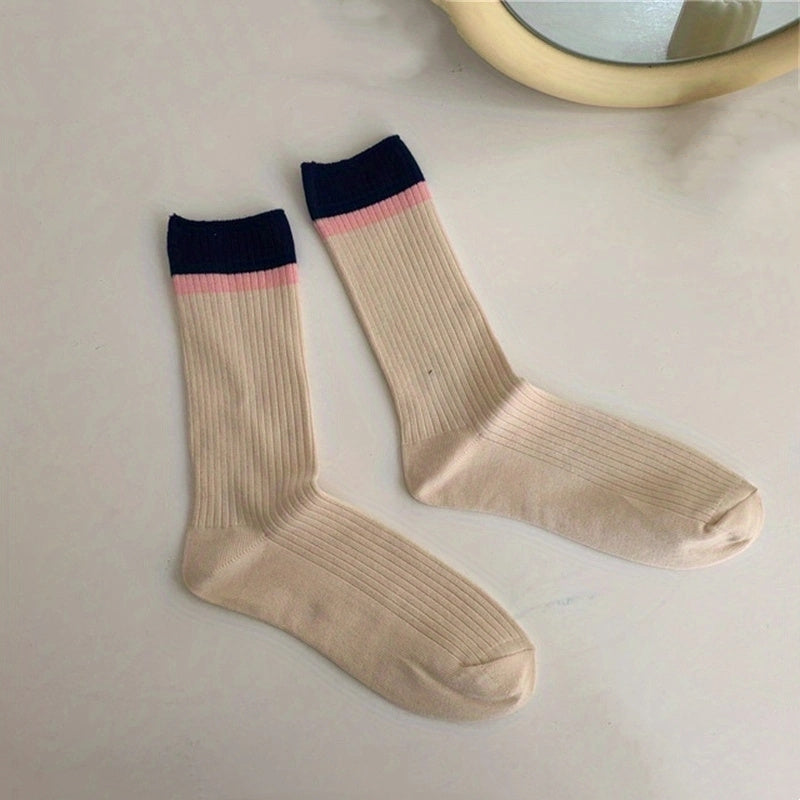Colorblock Ribbed Socks College Style All match Socks Women