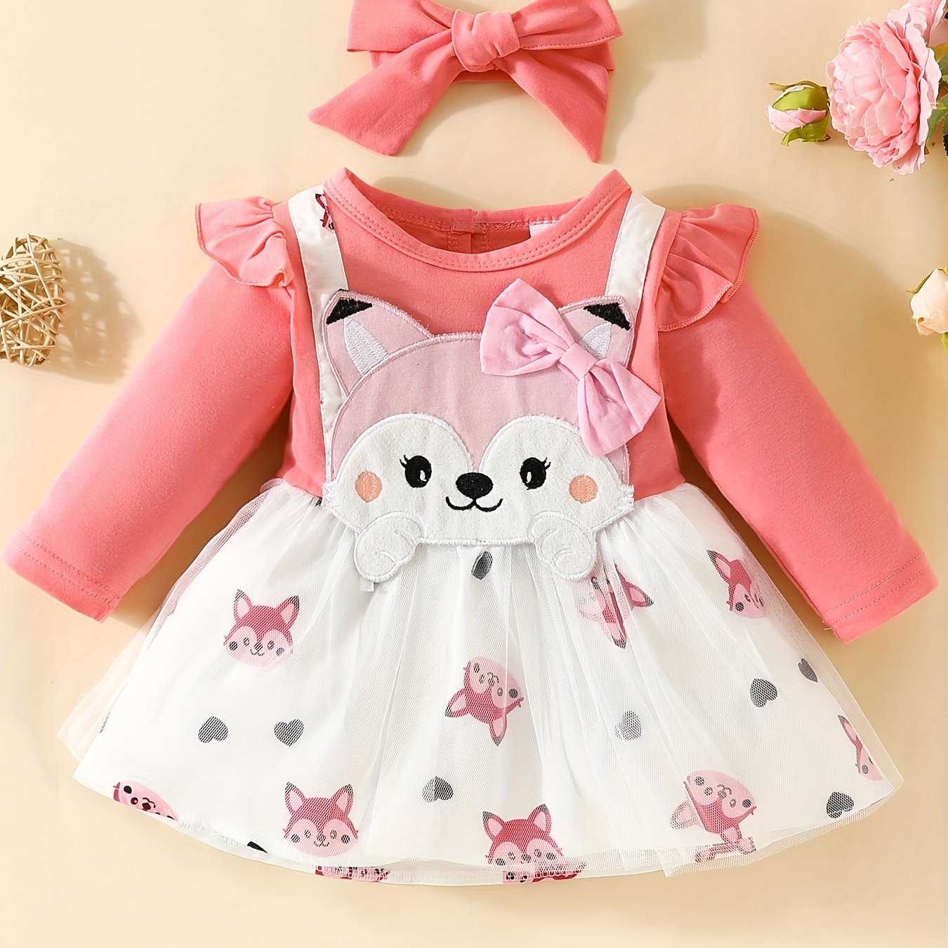 2pcs Baby Girls Fox Graphic Long Sleeve Dress & Headband Bundle