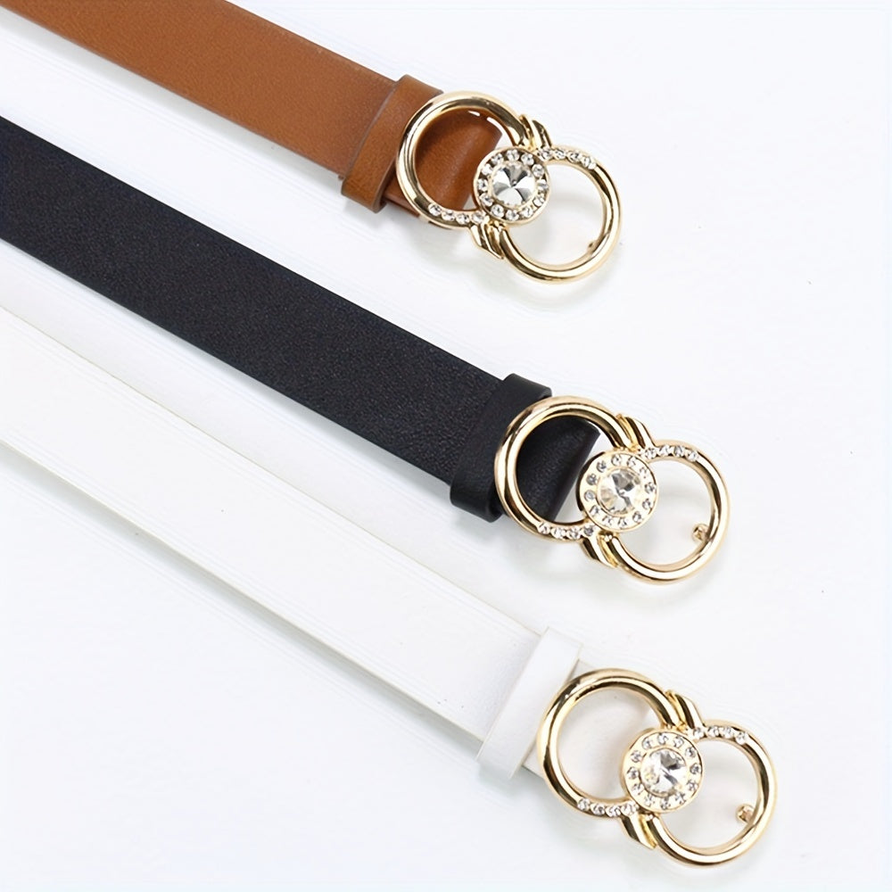 Rhinestone Double Ring Buckle Belt Stylish PU Leather Belt For Women