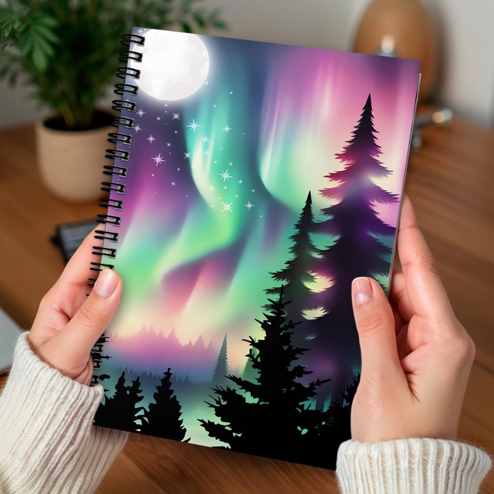 Aurora Borealis Spiral Notebook - 100 Pages - Northern Lights & Pine Trees