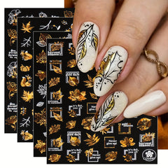 Golden Maple Leaves Butterfly Nail Stickers 3D Adhesive Art Supplies