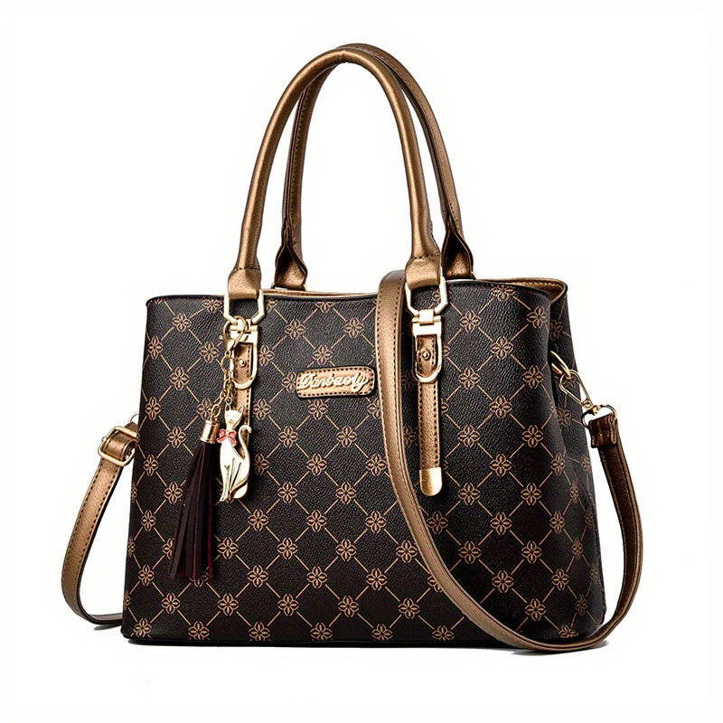 Vintage Print Tote Bag Zipper Shoulder Satchel Bag