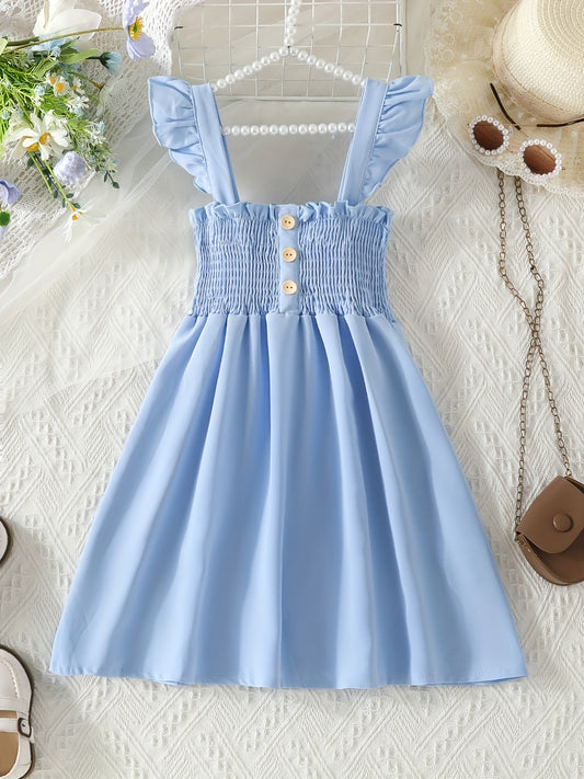 Girls' Ruffle Sleeveless Button Shirred Strappy Dress